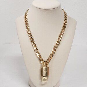Authentic Louis Vuitton Lock& Key Gold w/Unbranded Cuban Style Gold Plated Chain